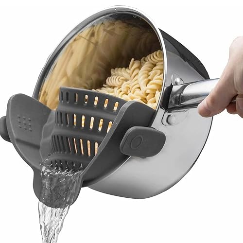 Kitchen Gizmo Snap N' Strain - Silicone Pasta Strainer Clip-On for Pots and Pans - Heat Resistant Colander for Vegetables and Noodles - Kitchen Gadgets for Cooking - Space-Saving Design - Grey - Gray