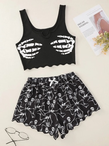 Black Goth Skeleton Print Shorts and Top - Black / S