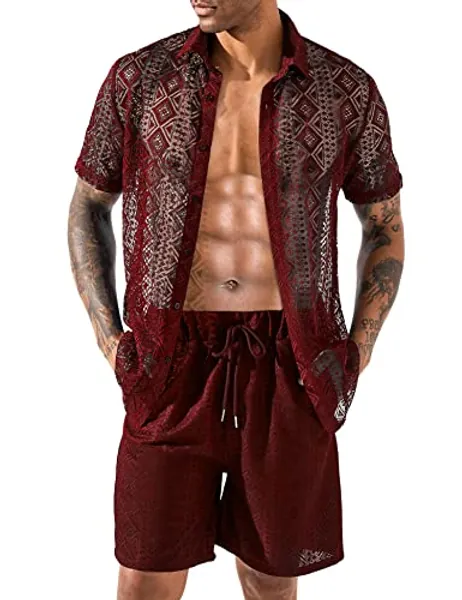 LecGee Men Summer Casual Short Sets Lace Short Sleeve Button Down Shirt Elastic Waist Shorts 2 Piece Outfits Tracksuit