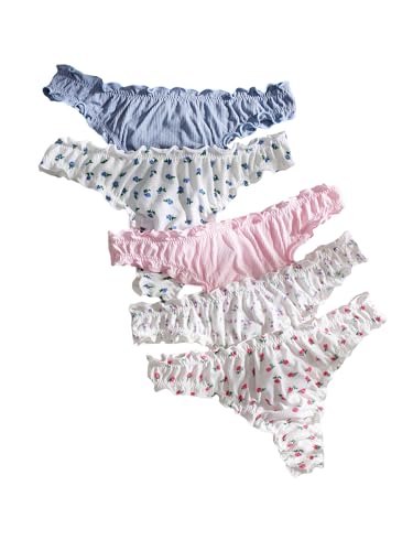 RoseSeek Women's 5 Packs Panty Sets Floral Print Lettuce Trim Low Rise Cute Underwear Set Soft Brief - Medium - Multicolor