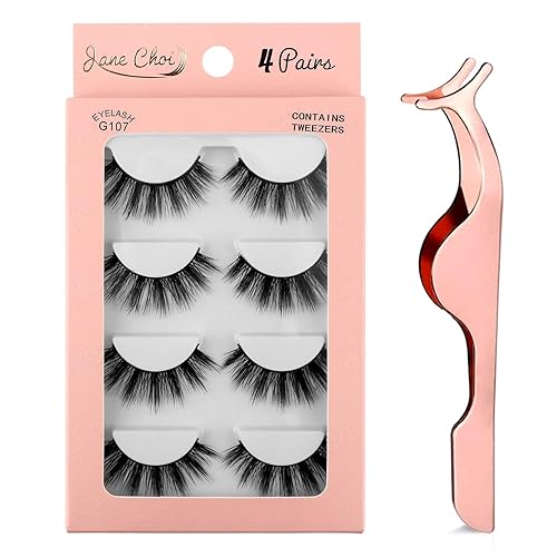 Jane Choi 3D Falsche Wimpern Wiederverwendbare lange, dicke zur Verlängerung der Make-up-, 4 Paar handgefertigte dramatische falsche mit Wimpernclip (G107) - G107