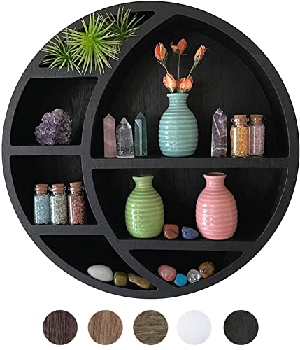 Crescent Moon Shelf Wall Decor - Rustic Wooden Moon Shelf for Crystals, Stones & Essential Oils - Wall-Mounted & Easy to Hang - Boho Shelf for Nursery or Bedrooms - 14 x 14 x 3.5 in. (Black) - Black