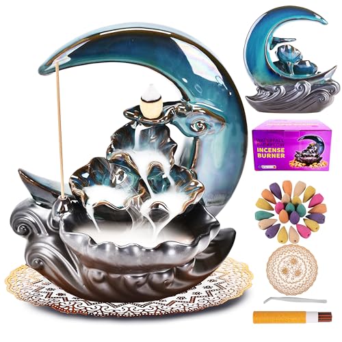 Zvaiuk New Moon Backflow Incense Holder, Ceramic Hand-Made Incense Fountain Burner with 100 Backflow Incense Cones，Fragrance Incense Stick，mat，Aromatherapy Home Decoration