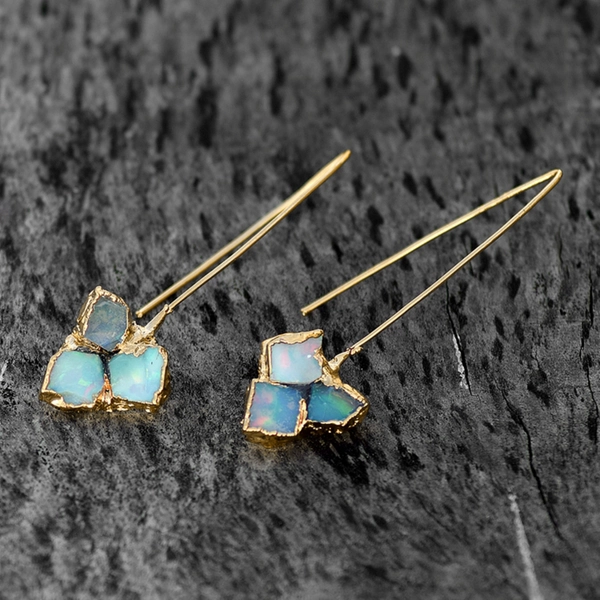 Raw Fire Opal Earrings - Rough Opal Earrings - Dangle Hook Earring - Drop Earring - Minimal Jewelry -  Gemstone Earring, Brass Earring