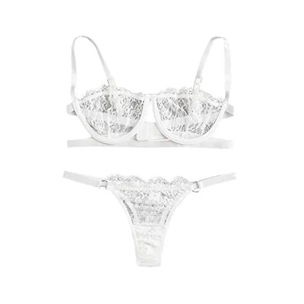 SheIn Women's 2 Piece Sexy Lace Strap Bralette Bra and Panty Lingerie Set Push Up