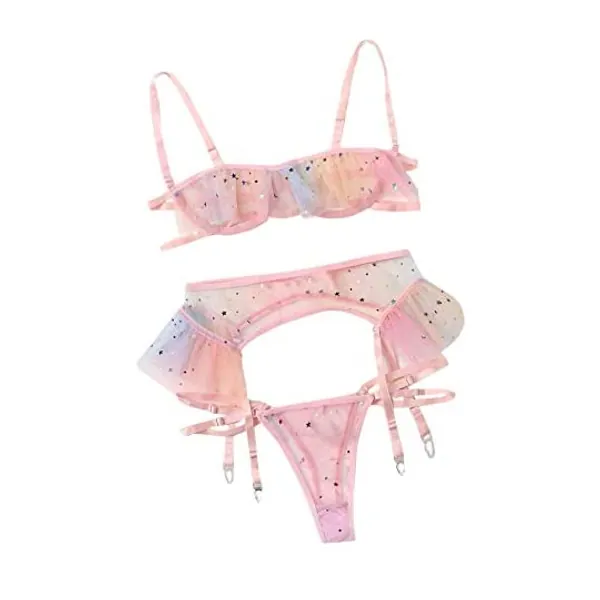 Lilosy Sexy Underwire Colorfull Kawaii Cute Sheer Galter Belt Lingerie Set Bra and Panty 3 Piece