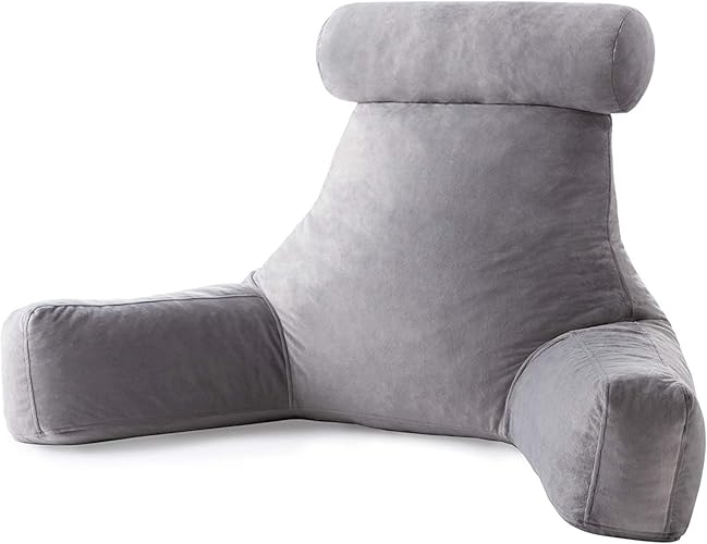 LINENSPA Reading Pillow with Shredded Memory Foam- Back Pillow for Sitting in Bed, Reading, Gaming, Watching TV – Chair Pillow with Arms, Dorm Room Essentials, Stone - Stone - X-Large with Neck Support