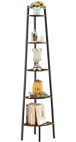 Hoctieon Corner Shelf, 5-Tier Corner Bookshelf, Rustic Corner Ladder Shelf, Industrial Display Shelf for Living Room, Kitchen, Home Office, Balcony, Small Space, Metal Frame, Rustic Brown - Rustic Brown - 5 Tier