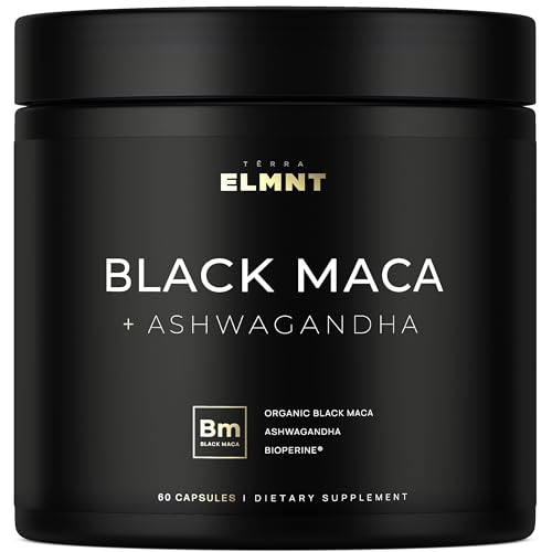 ELMNT 40,000mg 40x Strength Organic Black Maca Root with Ashwagandha - Highest Potency Black Maca Root Capsules for Men - 100% Pure Maca Peruana Powder Organic, Gelatinized, Non-GMO - 60 Pills