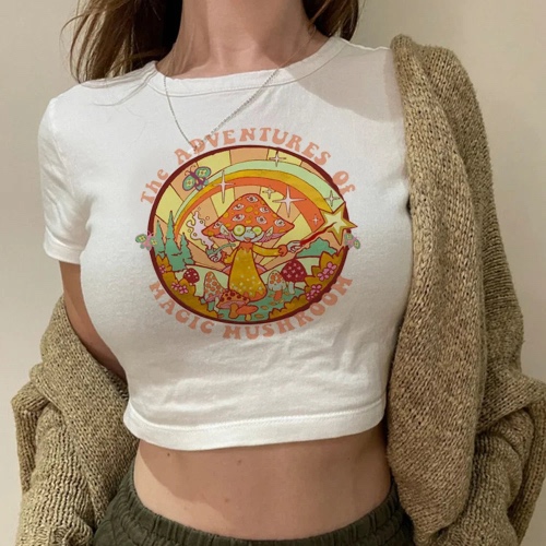 Mushrooms Fairycore Cottagecore Cute White Cropped T-Shirtl - 25545 / XL
