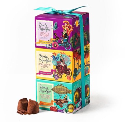 Monty Bojangles Cocoa Dusted Truffles Gift Tower (3 x 100g Pack) - 3 Luxury Chocolate Truffle Boxes - Choccy Scoffy, Scrumple Nutty & Flutter Scotch - The Perfect Chocolate Gift Box Selection