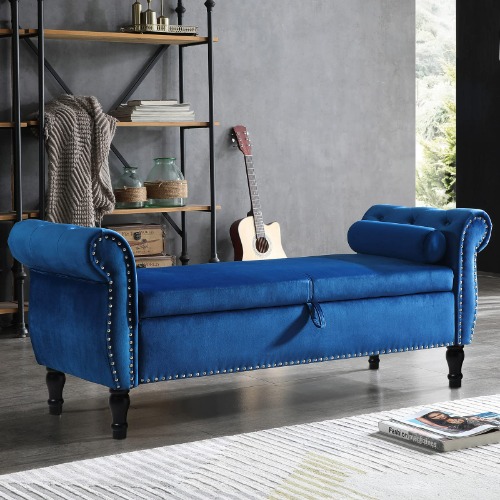 LUCKHAO Storage Bench for Bedroom End of Bed, 63" Long Velvet Tufted Upholstered Storage Ottoman Bench for Bedroom, Rolled Arm Nailhead Trim with Pillow(Blue) - Blue