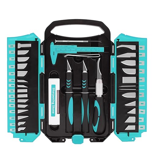 MANUFORE 34pcs Large Exacto Knife Set Blue Deluxe Craft Precision Knife Set Include 3pcs Craft Knives with Anti-Slip Rubber Grip, 25pcs Different Blades, 2pcs Needles, Sharpening Stone, Screwdriver - Blue