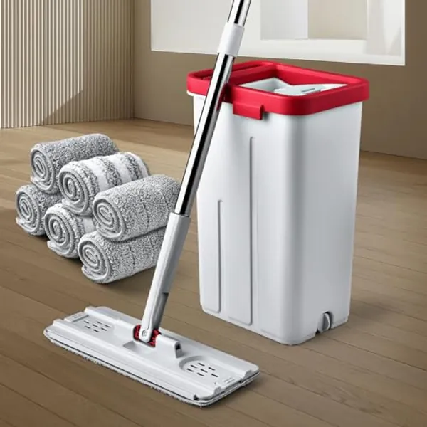 HiBaby Mop and Bucket with Wringer Set, Mops for Floor Cleaning, Flat Floor Mop and Bucket Set with 6 Microfiber Pads, Wet and Dry Use Household Cleaning Tools system for Hardwood, Tile, Wall, Windows