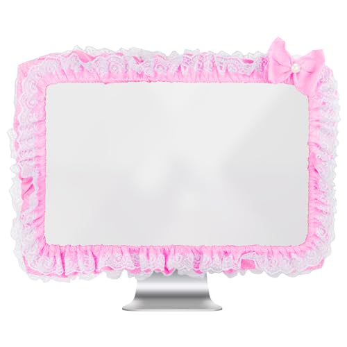 Kingshion 23"-27" Lovely Cute Computer Monitor Cover with Lovely Cute Elastic Pen Pocket Bow-knot TV LCD Screen Monitor Decoration Dust Cover Protector, Lace Fabric, Pink - Pink
