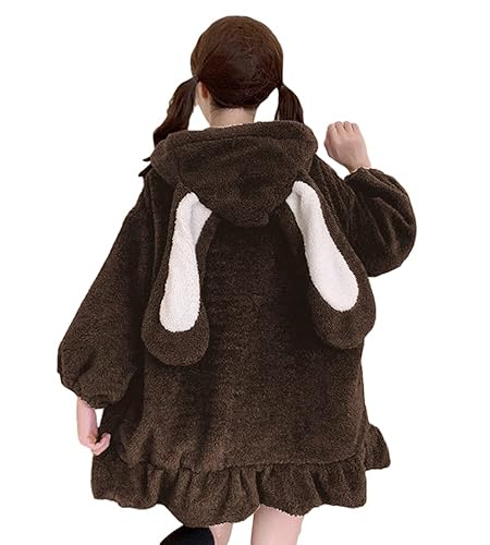 BZB Kawaii Anime Bunny Ear Hoodies For Women Sweet Lovely Fuzzy Fluffy Rabbit Sweater Tops Cosplay Jacket Coats - Large - Brown