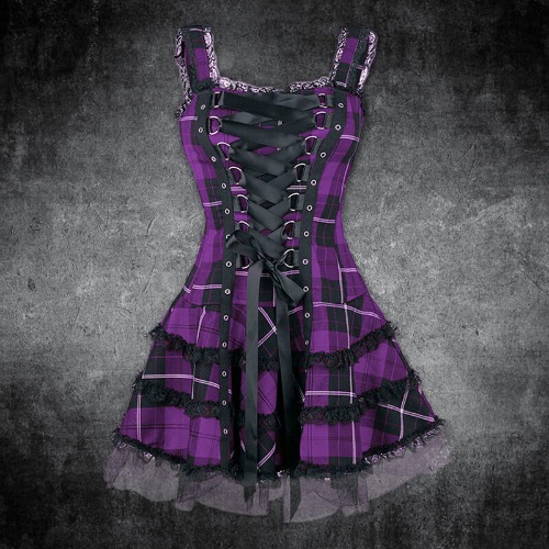 Plaid Lace Up Gothic Mini Dress - Purple / S (Bust 82 cm)