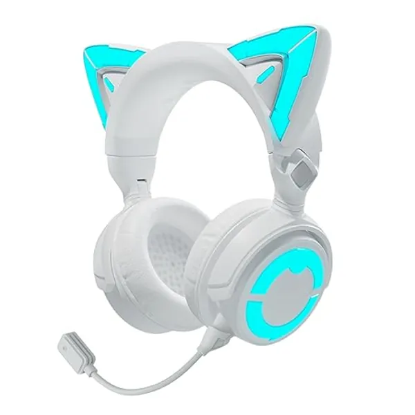 YOWU Cat Ear Headphones 4GS - RGB Gaming Headset with Mic & 2.4G USB/Type C for PC/PS4/PS5/XBOX/Switch, Wired/Wireless Headphones with 50mm Drivers, Perfect Valentines Day Gifts (White) - 4GS - White