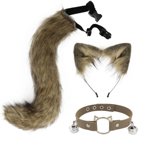 Sly Fox Tail Ear and Collar Set for Fun Petplay Adventures - Bushy Brown