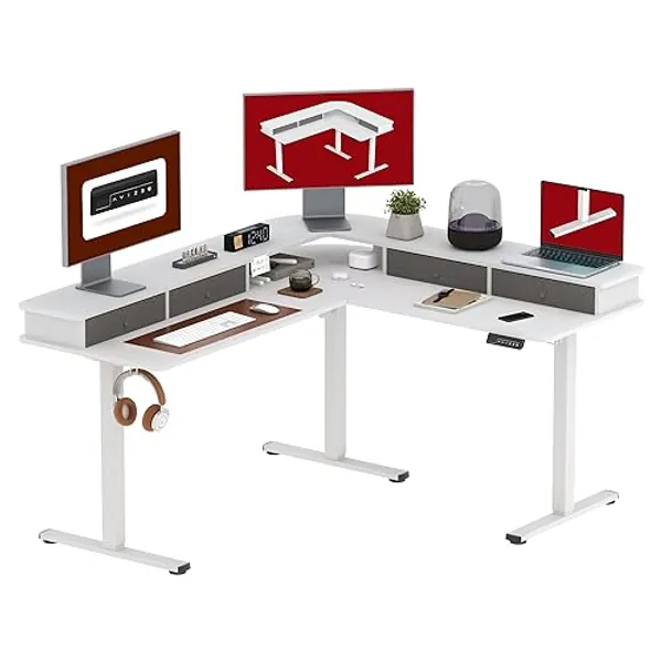 SANODESK 63" L Shaped Standing Desk with 3 Drawers, Height Adjustable Stand up Desk, Corner Gaming Desk with Monitor Stand, White Frame/White Top - White - 63"x55"