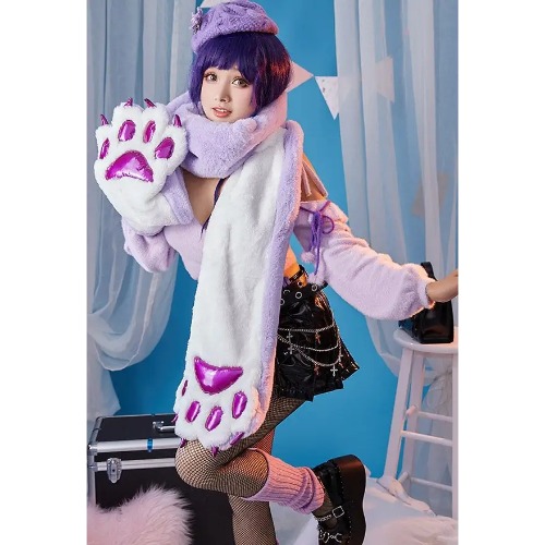 Luxurious Holographic Purple Paw Print Plush Scarf for Kawaii Kittens