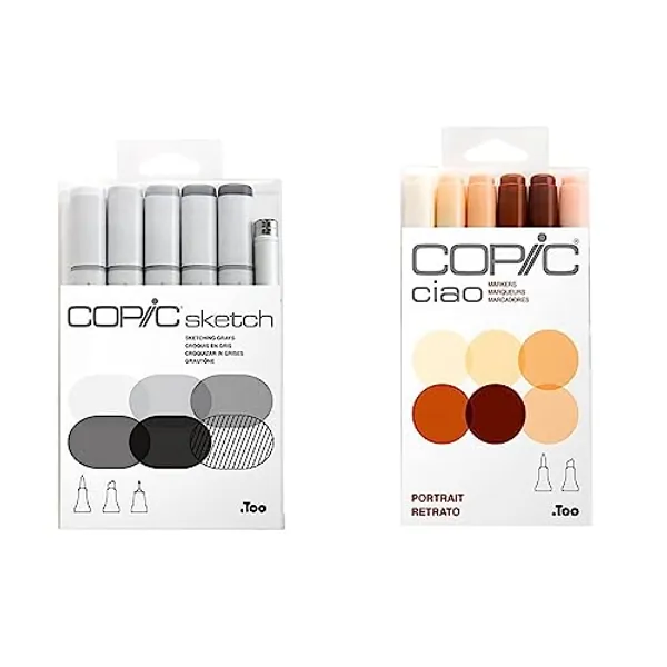 Copic Sketch Alcohol Marker Grays + Ciao Skin Tone Markers (6-Pack)