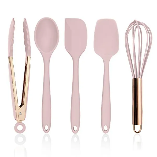 Cook with Color Silicone Cooking Utensils, 5 Pc Kitchen Utensil Set, Easy to Clean, Cooking Utensils for Nonstick Cookware, Kitchen Gadgets Set - Pink and Copper