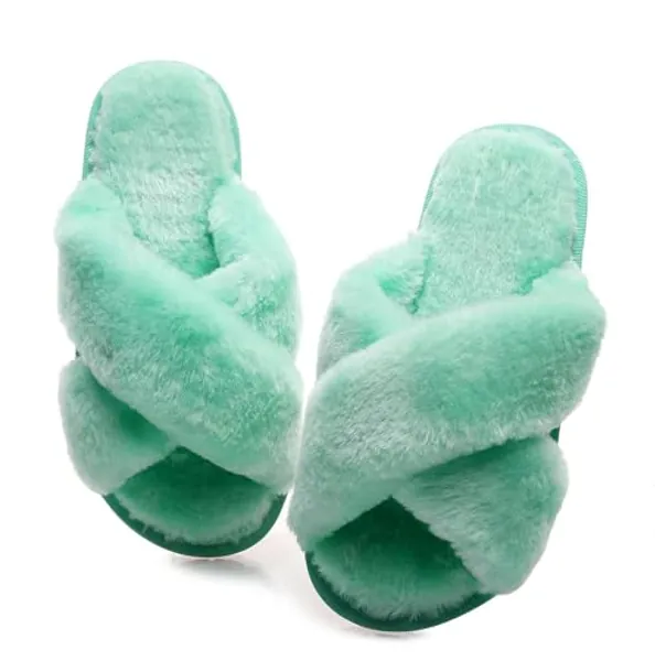 Crazy Lady Women's Fuzzy Fluffy House Slippers Cute Plush Memory Foam Shoes Cross Band Indoor Outdoor Open Toe Sandals