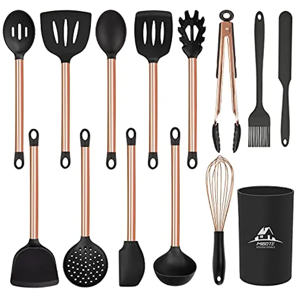 Silicone Cooking Utensil Set,14 Pcs Kitchen Utensils Set with Holder Non-stick Heat Resistant Cookware Cooking Turner Tongs Spatula Spoon with Stainless Steel Handle (Gold Black) BPA Free, Non Toxi