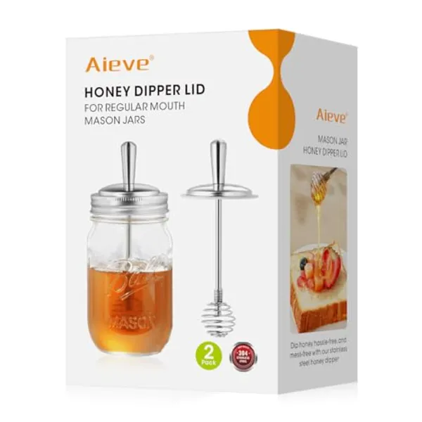 AIEVE Mason Jar Honey Dipper Lid, 2 Pack Honey Dispenser with Canning Lid for Regular Mouth Mason Honey Pot Containers