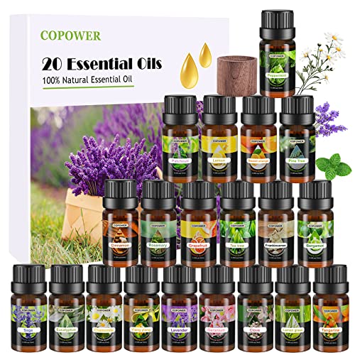 Essential Oils for Diffusers for Home, COPOWER 20 x10mL Diffuser Oils Fragrance with Diffuser Wood, [Aroma Secrets] 100% Pure Aromatherapy Oil, Lavender, Lemon, Rosemary, Frankincense, Eucalyptus. - 10 ml (Pack of 20)