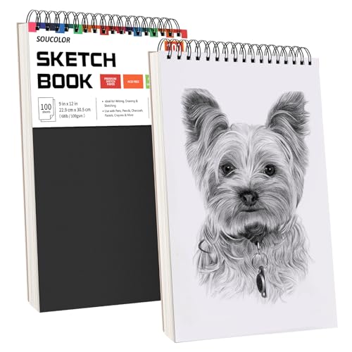 Soucolor 9" x 12" Sketch Book, 2-Pack 100 Sheets Spiral Bound Art Sketchbook, Acid Free (68lb/100gsm) Artist Drawing Book Paper Painting Sketching Pad - Black - 2 Pack