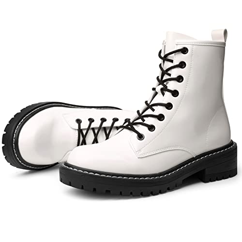ICHIGO Women’s Fashion Ankle Booties Causal 8-Eye Side Zipper Lace-up Combat Boots - 9.5 - White