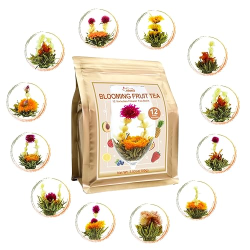 FullChea - Blooming Flowering Tea, 12 Unique Varieties - Flowering Tea in 12 Delicious Fruit Flavors - Gift For Tea Lovers, Christmas, Anniversary, Valentine, Birthday - Blooming Tea - 12 Count (Pack of 1)