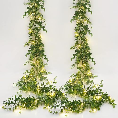 Dolicer 2 Packs Eucalyptus Garland with LED Lights String, 12Ft Faux Eucalyptus Greenery Garland, Artificial Hanging Green Eucalyptus Leaves Vine Wedding Backdrop Arch Wall Table Decor (Grey Green) - Grey Green With Light - 2 Packs