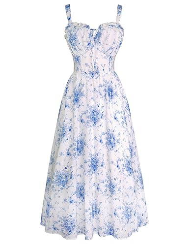 Scarlet Darkness Floral Corset Dress Summer Dresses for Women 2025 Wedding Guest Dress Cottagecore Fairy Dresses - Blue - Large