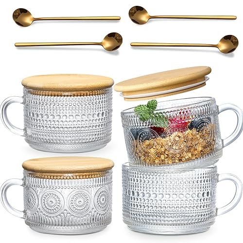 LANDNEOO 4pcs Set Vintage Coffee Mugs gifts for women, Overnight Oats Containers with Bamboo Lids and Spoons - 14oz Clear Embossed Glass Cups, Cute Coffee Bar Accessories, Iced Coffee Glasses - 4 Pack