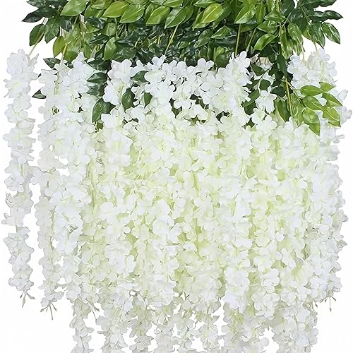 NEOONES 12 Pack Wisteria Flower Vines Garland, 3.75 Feet Artificial Flower Strings, Fake Hanging Flowers, Silk Wisteria Garland Flowers, Flower Vine for Wedding, Garden, Wall Decoration (Cream White) - Cream White