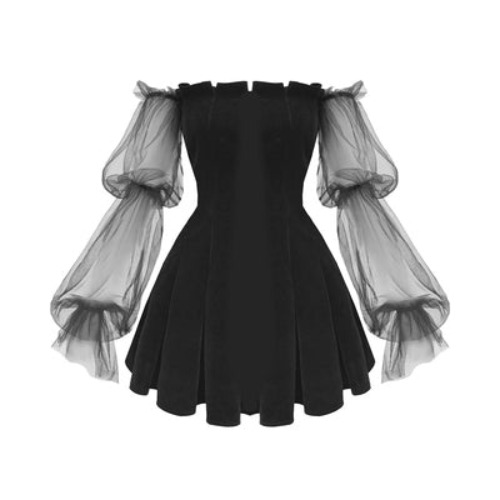 Gothic Monarch' Black Grunge Mesh Bell Sleeved Dress - black / L