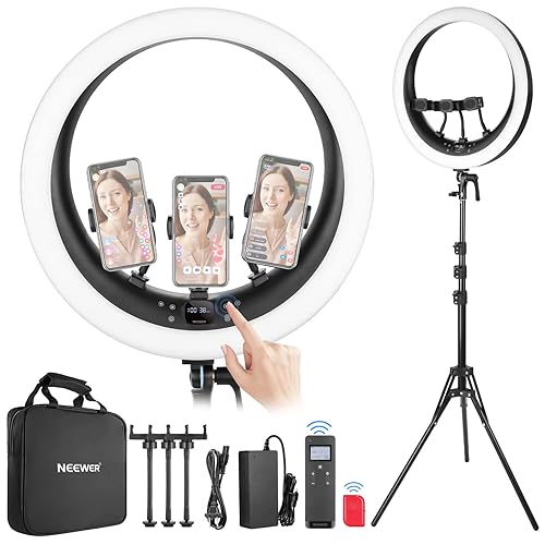 NEEWER Ring Light RP19H 19 inch with Stand and 3 Phone Holders, Upgraded 2.4G and Touch Control, Smooth Dimming at 1%, 42W CRI 97+ 2540lux, Professional for Streaming Home Office Zoom Call Lighting - Ring Light w/ Remote Shutter