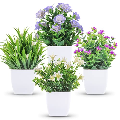 Der Rose 4 Packs Small Fake Plants Mini Artificial Faux Plants with Flowers for Home Room Farmhouse Bathroom Decor Indoor - 4