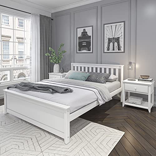 Plank+Beam Solid Wood Queen Bed Frame, Platform Bed with Headboard, White - Queen - White