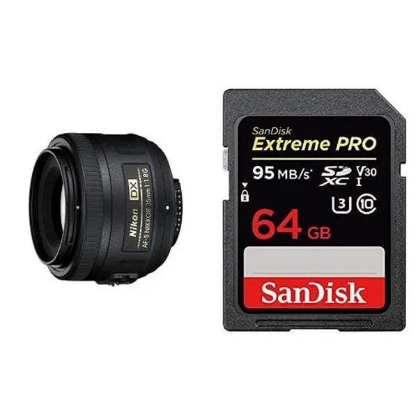 Nikon AF-S DX NIKKOR 35mm f/1.8G Lens with Auto Focus for Nikon DSLR Cameras and SanDisk Extreme Pro 64GB SD