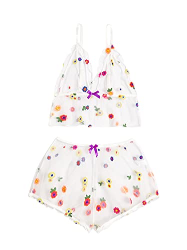 Verdusa Women's Floral Sheer Mesh Lingerie Set Embroidered Bralette Top Shorts - Large - White