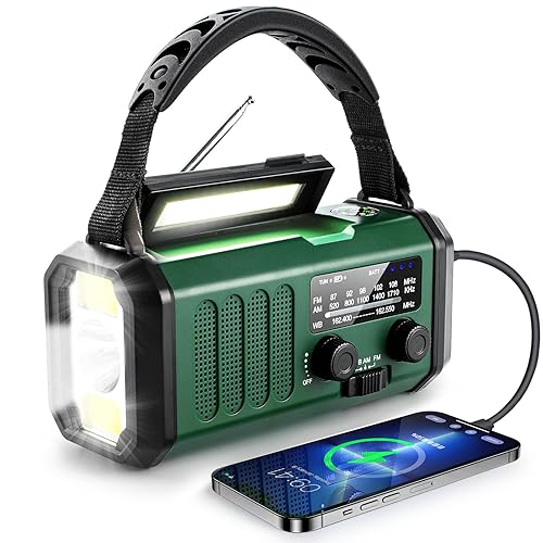 10000mAh Crank Radio, Emergency Radio, Solar Radio, NOAA/AM/FM Weather Radio, USB Type-C Charging, Dynamo Radio, Polymer Battery, Torch & LED Reading Light, SOS Alarm, Compass for Camping - green
