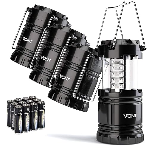 Vont 4 Pack LED Camping Lantern, LED Lanterns, Suitable Survival Kits for Hurricane, Emergency Light for Storm, Outages, Outdoor Portable Lanterns, Black, Collapsible, (Batteries Included)