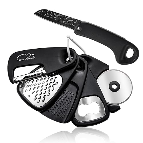 5 Pieces Kitchen Gadgets Set - Space Saving Cooking Tools Accessories Cheese Chocolate Grater, Fruit Vegetable Peeler, Bottle Opener, Pizza Cutter, Burlap Bags with Drawstring Gift Set… - Moss Green 7pcs