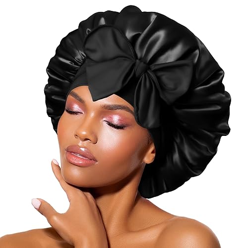 BONNET QUEEN Silk Bonnet for sleeping Women Satin bonnet Hair Bonnet Night Sleep Cap Scarf wrap for Curly Hair with tie Band Black - Medium - Black