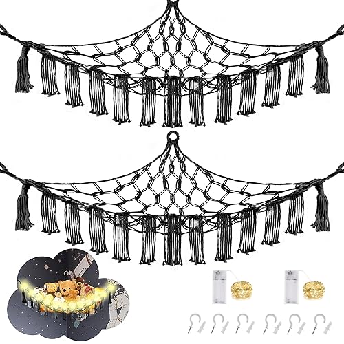 CERETIA Stuffed Animal Hammock with LED Light, 2 Pack Toy Hammock for Stuffed Animals Storage for Kids, Stuffed Animal Hammock Corner, Black - Large-(Package of 2) - Black