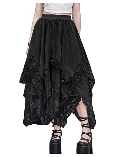 SHENHE Women's Lace Trim Layered Mesh Tulle Skirt High Waist Asymmetrical Long Goth Skirt - Large - Black